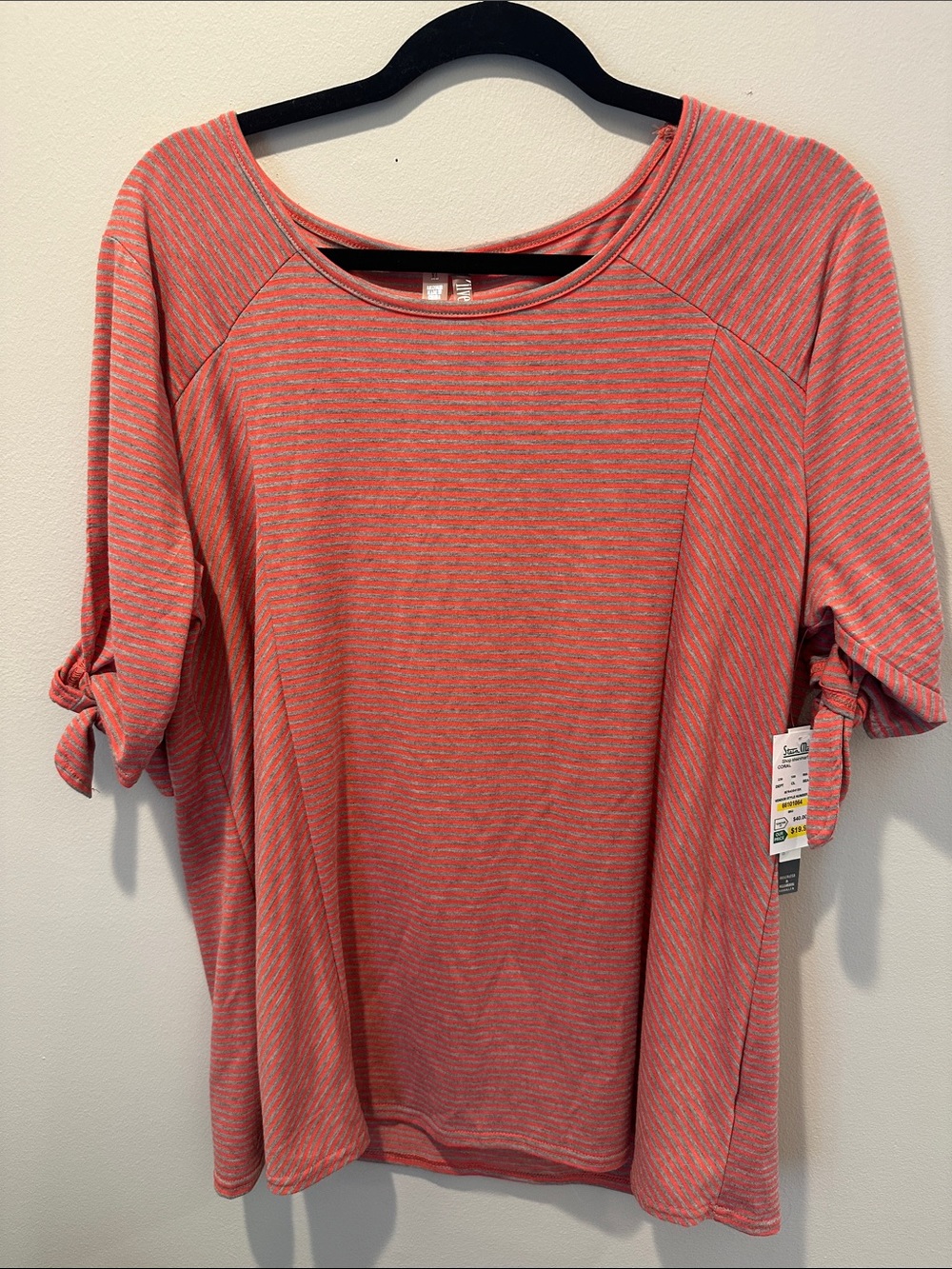 Striped Coral Short-Sleeve Tie-Sleeve Tee